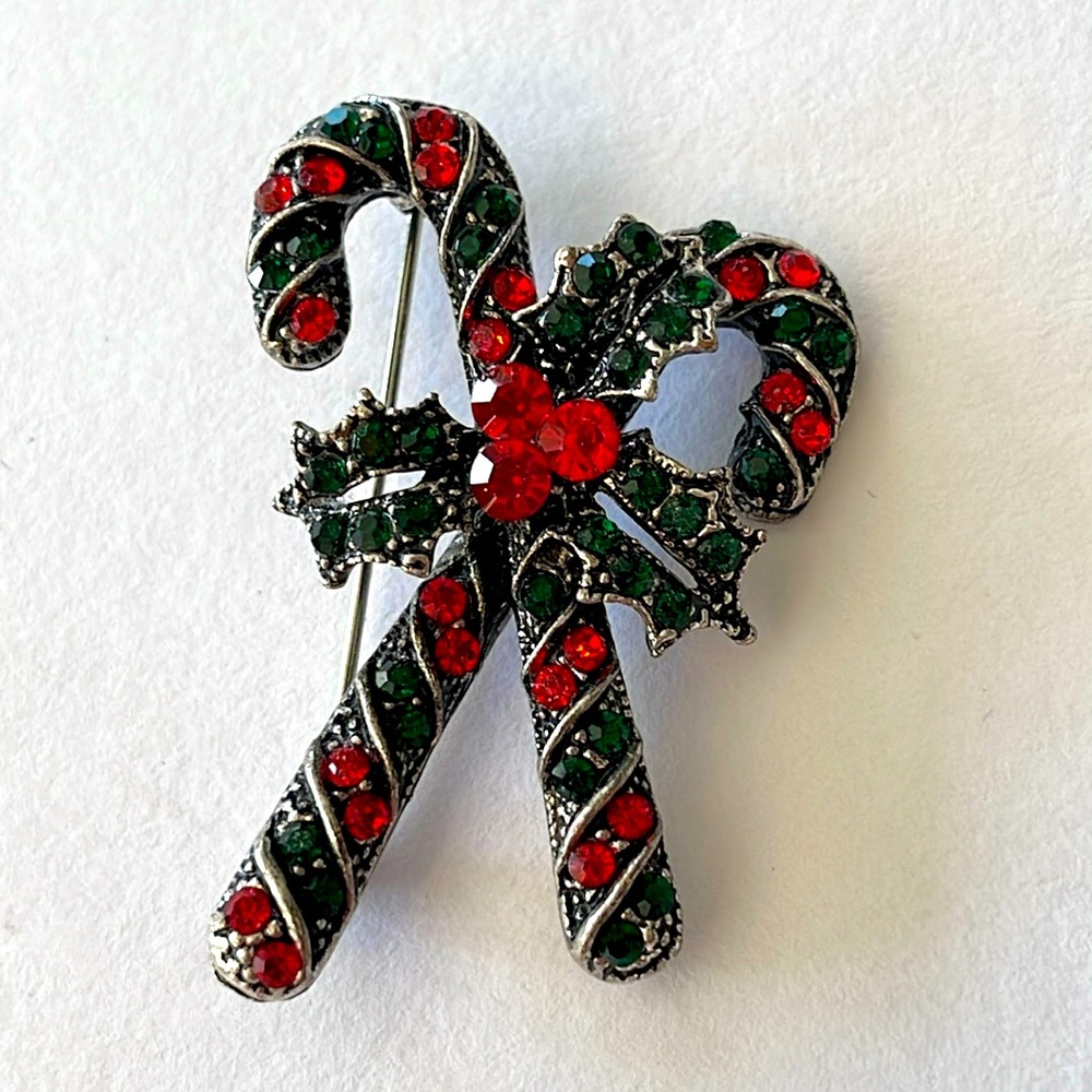 Christmas Candy Cane and Holly Fashion Brooch